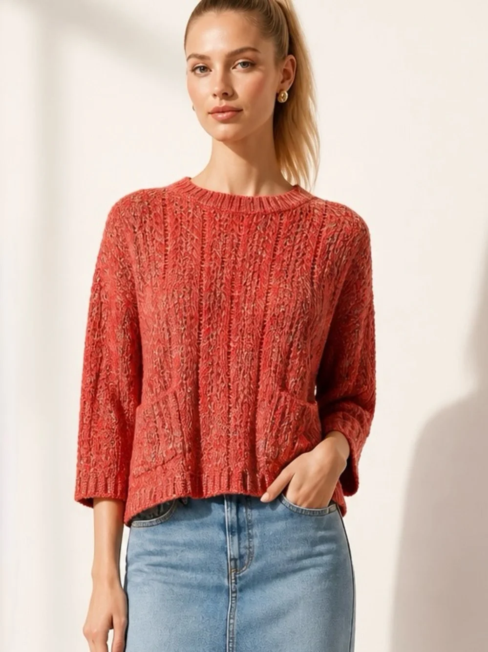 Moth Coral Textured Crewneck Sweater with Patch Pockets